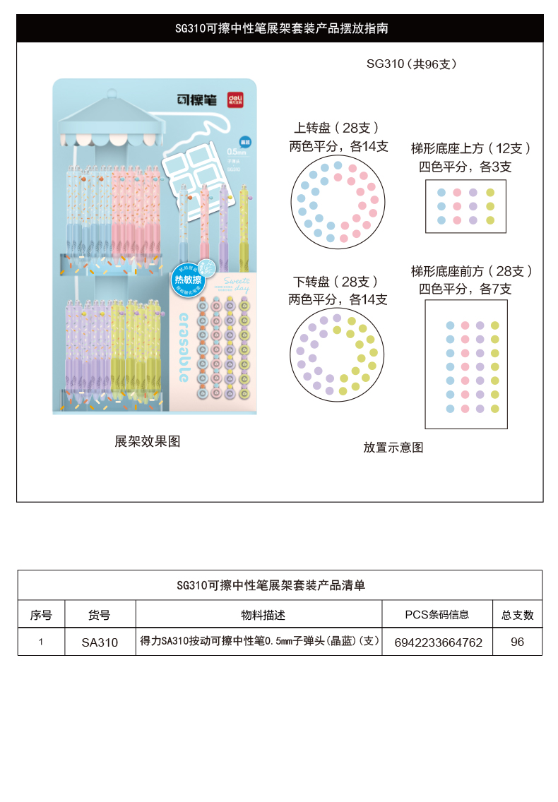 尊龙凯时SG310按动可擦中性笔展架套装(晶蓝)0.5mm按动子弹头(2套/箱)